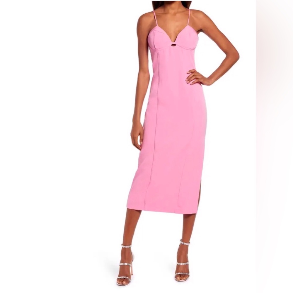 BRAND NEW NFT Bardot Pink Midi Dress, Corset top, Body Con, Mini slit